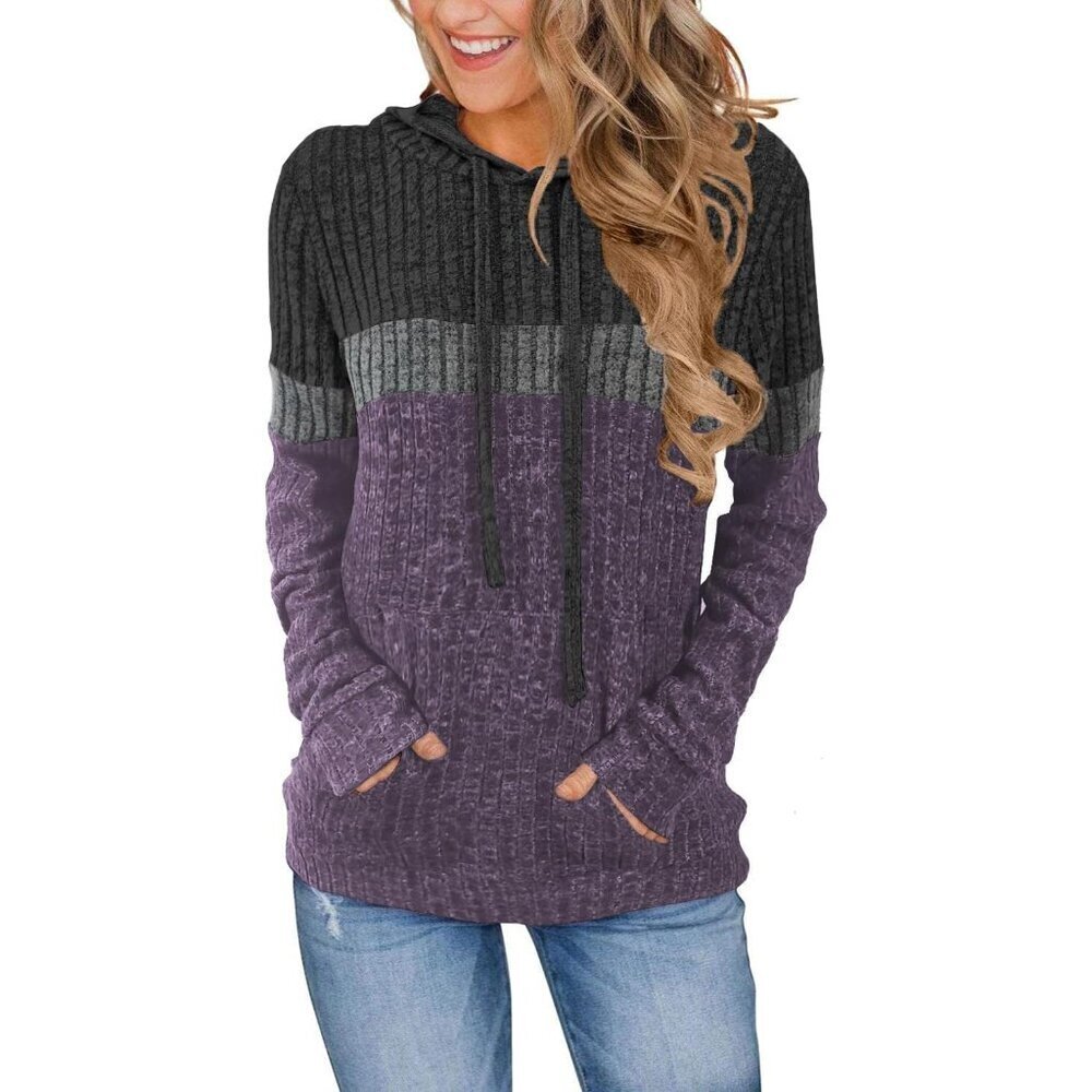 Women’s Color Block Knit Hoodie Long Sleeve Pullover Sweater Top with Pockets